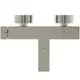 Zweigriff-Waschtischarmatur aus Metall in silberner Optik, hergestellt von Ideal Standard. Die Armatur hat eine rechteckige Grundform mit zwei runden Hebeln.